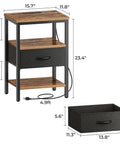 Nightstand With Charging Station And USB Ports, Bedside Table With Adjustable Fabric Drawer, 3 Tier Storage End Table For Bedroom And Living Room, Rustic Brown And Black Finish, Modern Night Stand With Power Outlets shown with dimensions and drawer