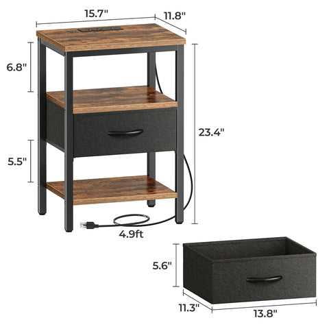 Nightstand With Charging Station And USB Ports, Bedside Table With Adjustable Fabric Drawer, 3 Tier Storage End Table For Bedroom And Living Room, Rustic Brown And Black Finish, Modern Night Stand With Power Outlets shown with dimensions and drawer