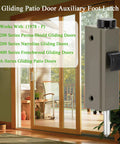 Auxiliary Foot Lock For Gliding Patio Doors Compatible With Andersen OEM Part 1997220, Two And Thirteen Sixteenths Inch Mounting Hole Centers, Stone Diecast Construction, Footbolt Guide For Installing On Andersen Gliding Doors, Not Universal, Andersen stone diecast auxiliary foot lock shown beside patio door.
