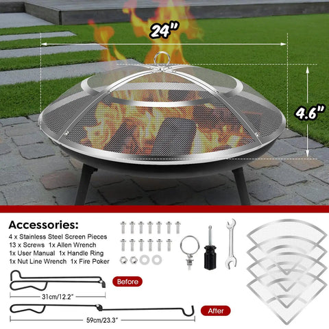 24 Inch Fire Pit Screen Cover With Handle And Poker, Stainless Steel Outdoor Round Mesh Lid Heavy Duty Replacement For Backyard Beach RV Camping Keeps Sparks In The Pit on a fire pit