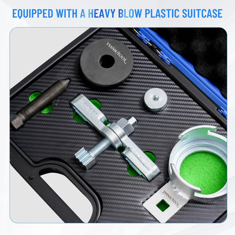 Heavy Duty Crankshaft And Camshaft Alignment Puller Kit With Robust Steel Flywheel Lock Fixture in durable plastic case.