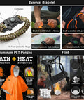 190 Piece Survival Gear And Medical Kit for Outdoor Adventures featuring bracelet, poncho, and flint tools close-up
