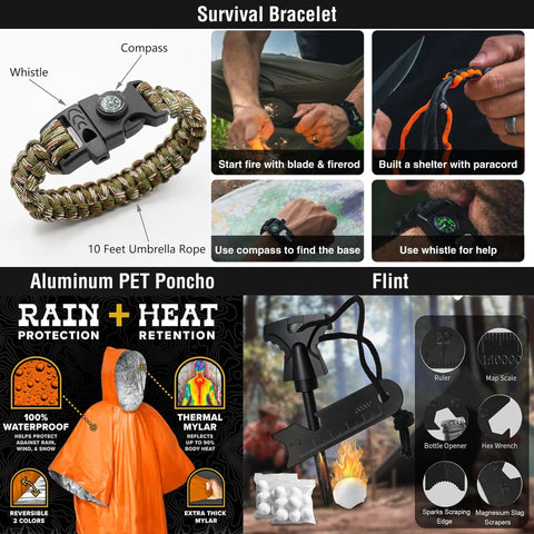 190 Piece Survival Gear And Medical Kit for Outdoor Adventures featuring bracelet, poncho, and flint tools close-up