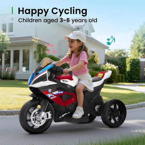 Child riding BMW Licensed 12V Kids Electric Ride On Motorcycle For Ages 3 To 5, Three Wheel Bike, Charm Red, outdoors