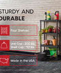 Four Tier Plastic Storage Shelves, Space Saving, Tool Free Assembly, Made In USA, Black Finish, Slim 24 Inch Wide, Stands 48 Inches Tall, Garage Ready Organizer For Home, Workshop, Or Home Organization, with four shelves