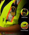 Next Level Breakaway High Visibility Safety Vest With Quick Snap Off Panels And Crisp Reflective Strips For Rugged Outdoor Worksites In Roomy XXXL Cut featuring mic straps and four front pockets.