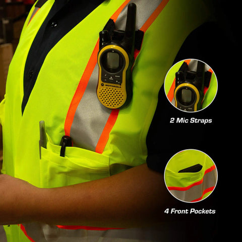 Next Level Breakaway High Visibility Safety Vest With Quick Snap Off Panels And Crisp Reflective Strips For Rugged Outdoor Worksites In Roomy XXXL Cut featuring mic straps and four front pockets.