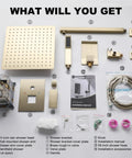 Wall Mounted Shower System With 10 Function High Pressure Handheld Shower Head And 10 Inch Rain Shower Head, Balance Valve And Trim Kit, Brushed Nickel Finish, Spa Grade Luxury Shower Experience parts layout.
