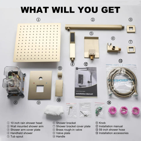 Wall Mounted Shower System With 10 Function High Pressure Handheld Shower Head And 10 Inch Rain Shower Head, Balance Valve And Trim Kit, Brushed Nickel Finish, Spa Grade Luxury Shower Experience parts layout.