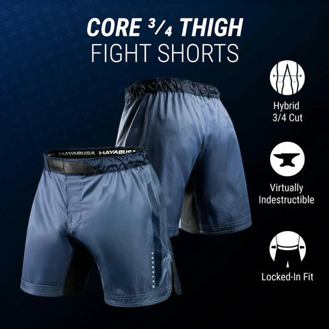 Core 3/4 Thigh Fight Shorts For Men No Gi Jiu Jitsu Blue Large Durable MMA Shorts With Extended Coverage And Side Slits For Full Mobility On The Mats Pro