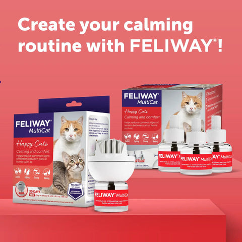 Calming Plug In Diffuser Starter Kit For Cats 30 Day Pheromone Diffuser packaging with diffuser unit and bottles on red background.