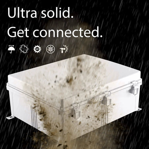 Outdoor IP67 Weatherproof Junction Box Enclosure With Hinged Gray Cover under heavy rain and dust exposure.