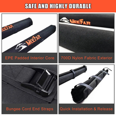 Universal Car Roof Rack Pads For Kayak Surfboard SUP Canoe With Heavy Duty Tie Down Straps shown with padding and nylon fabric