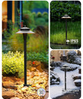 Low Voltage LED Pathway Lights 12V Wired With Adjustable Color Temperatures 2200K 2700K 3000K 4000K 5000K Black 20 Inch Umbrella Style Landscape Lighting Pack Of 6 in garden setting, showing weather resistance and lighting variations.
