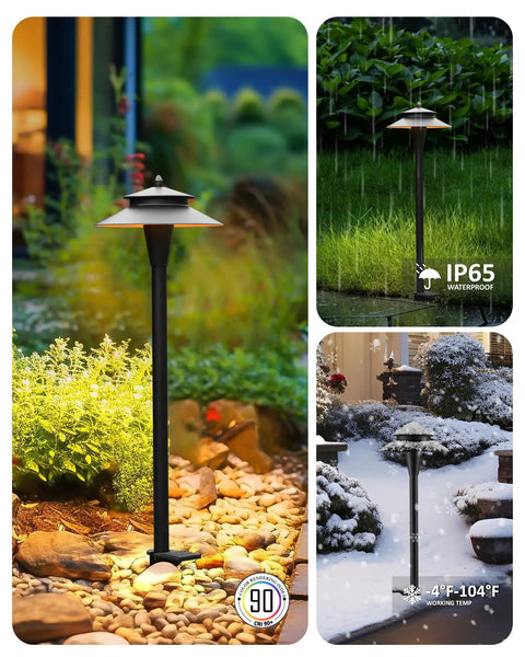 Low Voltage LED Pathway Lights 12V Wired With Adjustable Color Temperatures 2200K 2700K 3000K 4000K 5000K Black 20 Inch Umbrella Style Landscape Lighting Pack Of 6 in garden setting, showing weather resistance and lighting variations.