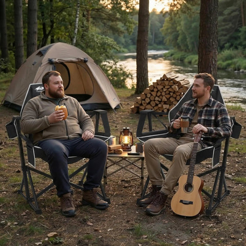Two men relaxing in Ultra Comfy Portable Hammock Camping Chair With Adjustable Backrest beside a river with a tent and guitar.