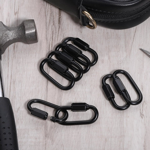 Black quick link chains and tools on wood surface, 10 Pack 304 Stainless Steel M3.5 Quick Link Chains One Eighth Inch D Shape Locking Chain