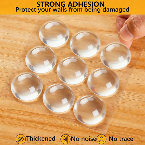 16 Pack Clear Door Handle Bumpers And Cabinet Silencers With Strong 3M Self Adhesive Sticky Wall Protectors That Slap Right On To Knock Out Rattling And Keep Things Quiet on wooden surface.