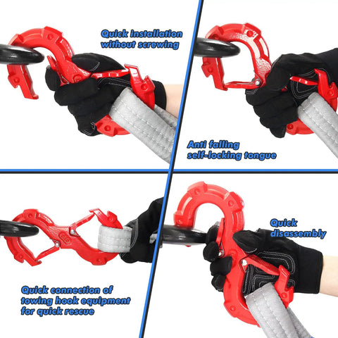 S Shape Integrated Winch Shackle With Quick Release shown in use for off-road recovery, featuring electro-galvanized steel.