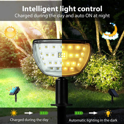 Solar Landscape Spotlight Kit With 32 LED Outdoor Wall Lights IP65 Waterproof 4 Pack showing daytime charging and nighttime lighting