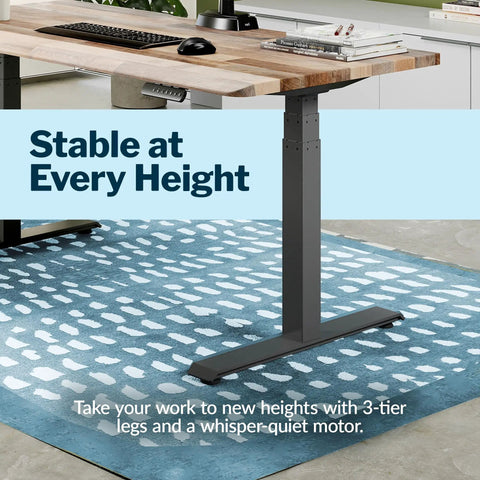 Heavy Duty Dual Motor Electric Standing Desk With Smooth Height Adjustment And Killer Ergonomic Wrist Relief Edge Built On A Solid Frame With Top Shelf Reclaimed Wood Top In Slate For Home Office with 3-tier legs.