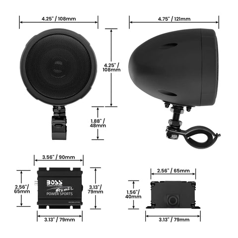 MCBK470B Motorcycle Bluetooth Speaker System with Class D Amplifier, 3 inch weatherproof speakers with mounting hardware