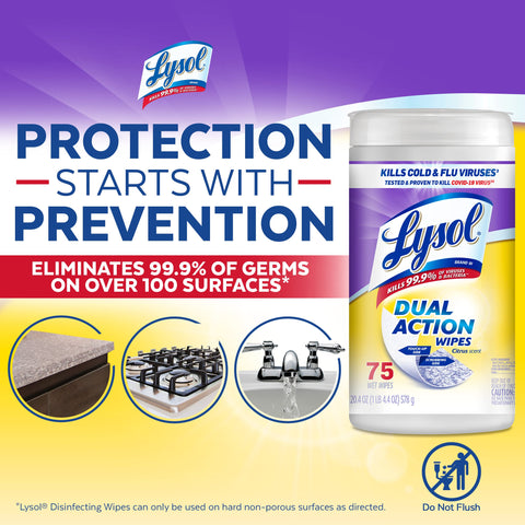 Dual Action Disinfecting Wipes For Quick Cleanups On Any Surface, Antibacterial Scrubbing Wipes With Citrus Scent, 75 Count, Kills 99.9 Percent Of Viruses And Bacteria Including COVID 19 shown against germs on various surfaces.