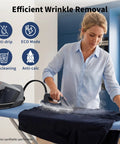 Pro Level 1800W Steam Station For Clothes With A Spiffy 1.5 Liter Pop Out Tank in use, steaming a shirt on an ironing board.
