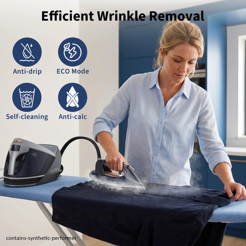 Pro Level 1800W Steam Station For Clothes With A Spiffy 1.5 Liter Pop Out Tank in use, steaming a shirt on an ironing board.