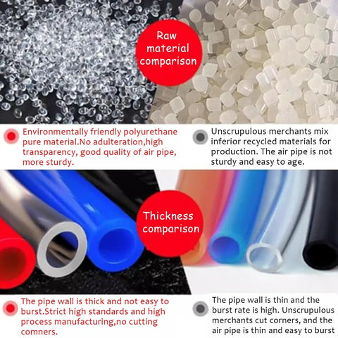 Raw material comparison of flexible polyurethane air hose showing clear quality differences with thickness comparison for Tough As Nails Flexible Polyurethane Air Compressor Hose Line Tube 33 To 328 Feet Long 12Mm Od By 8Mm Id Knockout Pneumatic Tubing For Garage Mechanics And Tool Setups Smooth Daily Use.