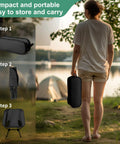 Person carrying adjustable height lightweight camping chair with carry bag, shown with folding steps for outdoors use