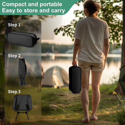 Person carrying adjustable height lightweight camping chair with carry bag, shown with folding steps for outdoors use