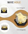 Beefed Up 12V Power Distribution Block For Car Audio And Boat 2 Way Amp Splitter In 0 2 4 Gauge Out 4 6 8 Gauge Ground Block With Clear Covers Heavy Duty Automotive And Marine Wiring Hub, gold contacts