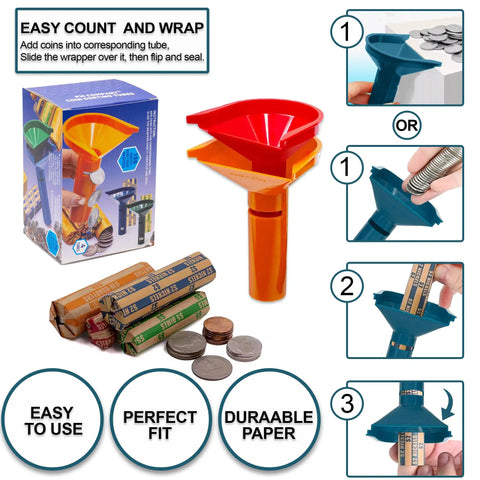 Color Coded Coin Counting Tubes With 150 Assorted Flat Coin Wrappers For Pennies Through Quarters Set Of Four In Blue Green Orange Red Sweet For Home Office Cash Handling Quick Sorting And Bank Deposit Prep