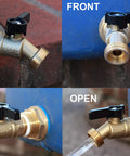 Brass Rain Barrel Spigot Three Quarter Inch Ball Valve With Bulkhead Fitting And Thread Tape Lead Free Made In USA in use