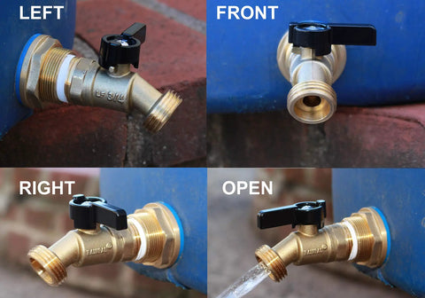 Brass Rain Barrel Spigot Three Quarter Inch Ball Valve With Bulkhead Fitting And Thread Tape Lead Free Made In USA in use