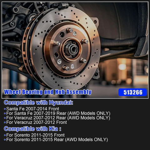 Front Wheel Hub Bearing Assembly For Hyundai Santa Fe 2007-2014 Front FWD AWD Veracruz 2007-2012 AWD Kia Sorento 2011-2015 AWD Rear Wheel Hub Bearing Assembly For Santa Fe 2007-2019 AWD 5 Lug With ABS OE Replacement 51750-2B000, displayed on vehicle
