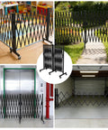 Straight Up Solid Expandable Metal Barricade With Quick Lock Scissor Gate Roll With Ease used in various settings like playgrounds, gardens, and garages.