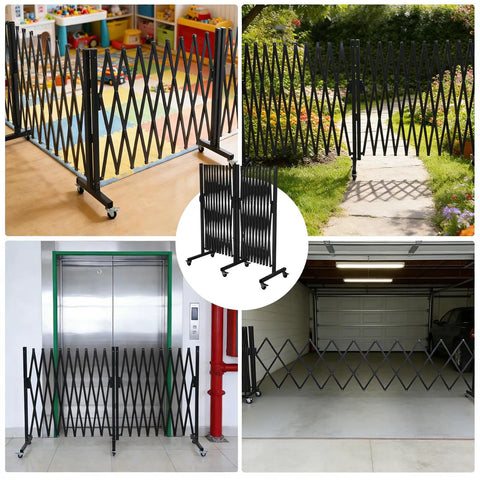 Straight Up Solid Expandable Metal Barricade With Quick Lock Scissor Gate Roll With Ease used in various settings like playgrounds, gardens, and garages.