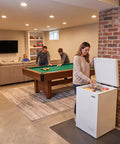 Slick 3.5 Cubic Foot Upright Deep Freezer Chest features Quick Freeze Dial, bright LED bulb, in a family room setting.