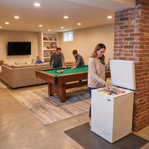 Slick 3.5 Cubic Foot Upright Deep Freezer Chest features Quick Freeze Dial, bright LED bulb, in a family room setting.