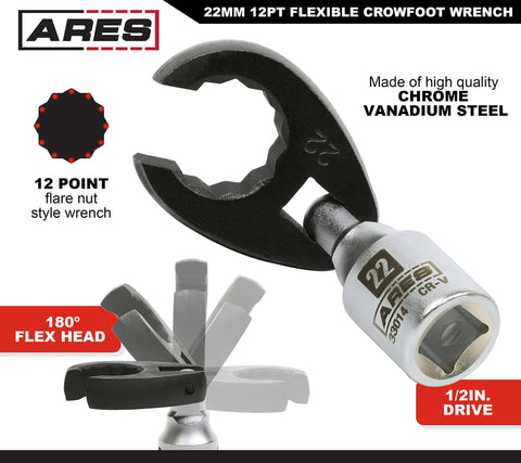 22mm flexible crowfoot wrench, 12 point style, chrome vanadium steel, auto adjusting crowfoot wrench set three piece with spring loaded jaws that ratchet each turn fits five to thirty two millimeter range from three sixteenth to one quarter inch includes male and female square drives.