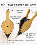 19 Inch Hand Carved Fire Bellows from Dense Oak Wood with Leather Accents and Brass Tip for Campfire Stoking