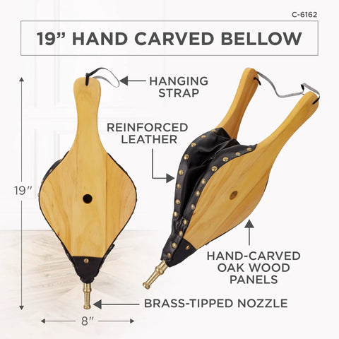 19 Inch Hand Carved Fire Bellows from Dense Oak Wood with Leather Accents and Brass Tip for Campfire Stoking