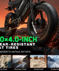 G70 Pro Electric Bike With Dual 2500W Motors 5000W Peak Output Delivers 36 MPH Top Speed And Up To 85 Mile Range On All Terrain 20 Inch Fat Tire Off Road Beast Ready For Adventure, 20x4.0-inch fat tires on black electric bike for city, mountain, sand, and snow riding
