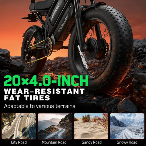 G70 Pro Electric Bike With Dual 2500W Motors 5000W Peak Output Delivers 36 MPH Top Speed And Up To 85 Mile Range On All Terrain 20 Inch Fat Tire Off Road Beast Ready For Adventure, 20x4.0-inch fat tires on black electric bike for city, mountain, sand, and snow riding