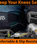 Close-up of Gel Knee Pads For Work Heavy Duty Anti Slip Knee Protection featuring branding, worn on rocky surface with warranty badge.