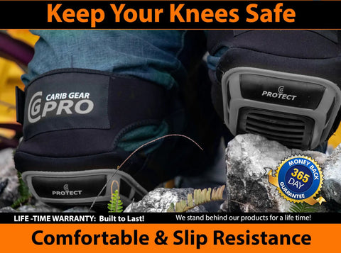 Close-up of Gel Knee Pads For Work Heavy Duty Anti Slip Knee Protection featuring branding, worn on rocky surface with warranty badge.