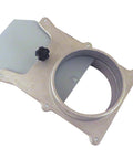 Front view of a 4-inch aluminum blast gate cut-off valve for dust collection, with gray actuator housing and black knob.