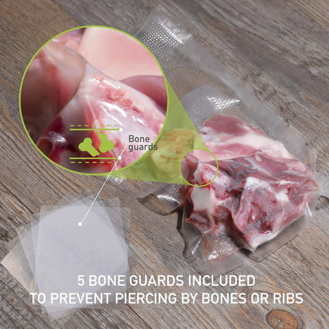 Commercial Grade Vacuum Sealer Bags 8 By 12 Inch Quart Size For Food Saver Seal A Meal BPA Free Heavy Duty with meat inside showing bone guards